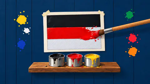 Paint by Nation cover art: Germany's flag half painted on a taped canvas board: a brush floods the red stripe, the bottom still blank, above three paint tins.